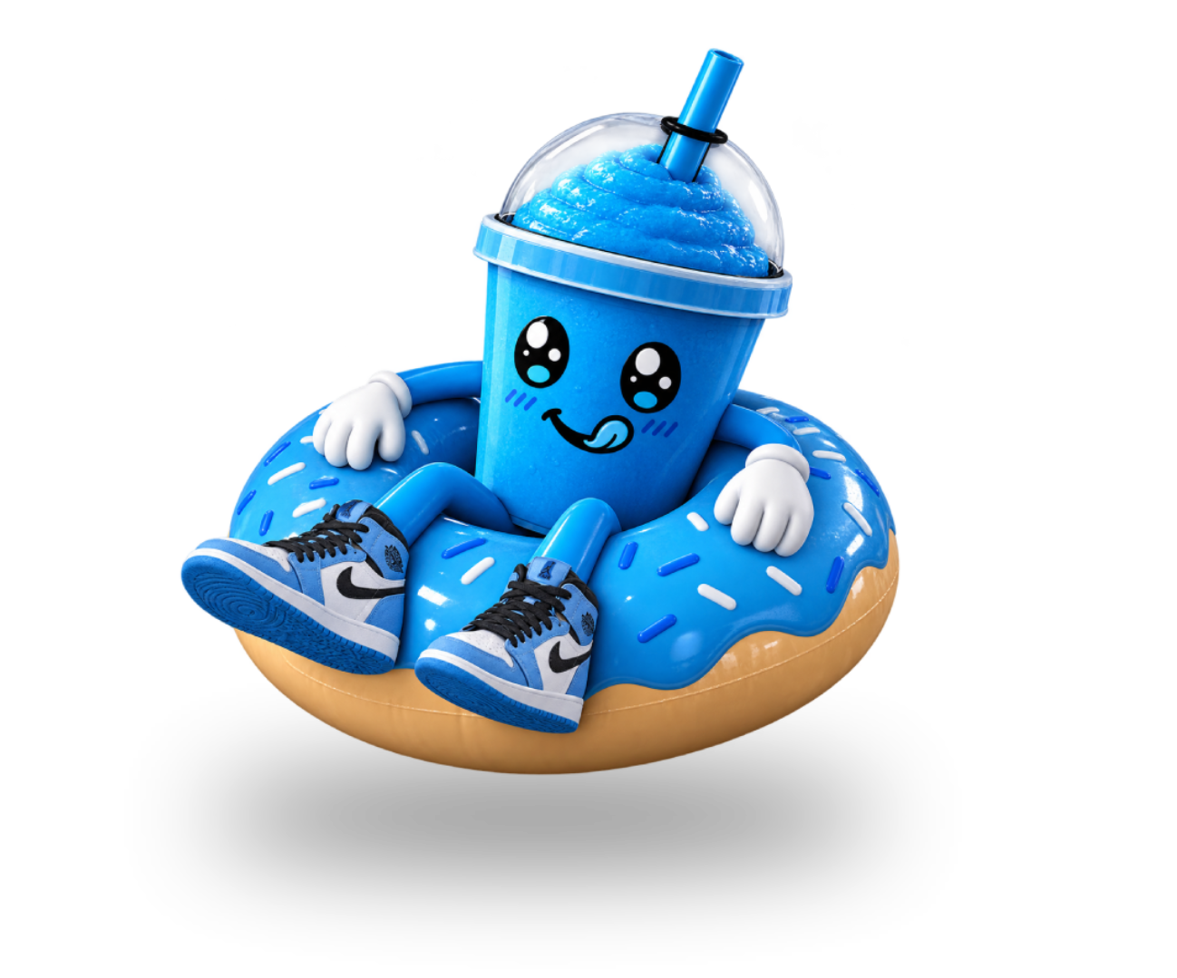 Slushe, a blue blueberry slushe cup character floating in a donut ring