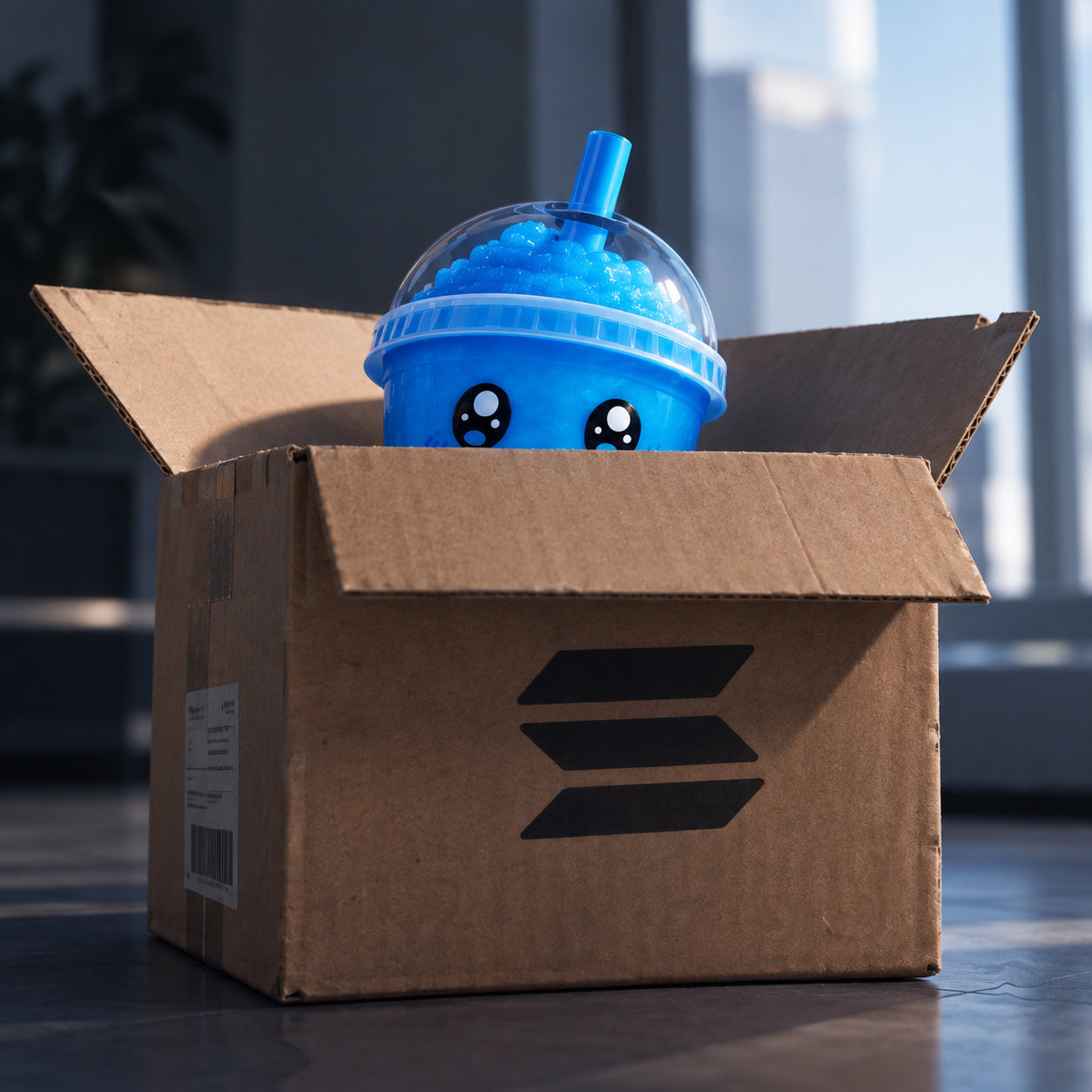 Slushe peeking out of a cardboard box